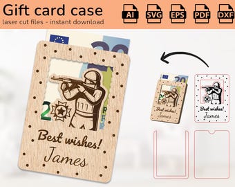 May include: A laser cut wooden gift card holder with a soldier graphic and the text "Best wishes! James". The holder is designed to hold a gift card and cash.