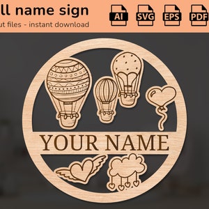 Hot air balloons name sign | interior decor | laser cut design | for kids | Ai, EPS, PDF, DXF