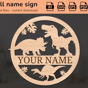 Namensschild für Kinderzimmer im Dinosaurierpark | Inneneinrichtung | Lasergeschnittenes Design | für Kinder | Ai, EPS, PDF, DXF