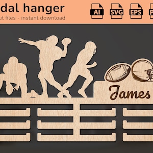 Porte-médaille de football américain rugby cintre nom mural | décoration d'intérieur | design découpé au laser | pour les enfants | IA, EPS, PDF