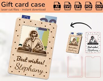 May include: A laser cut wooden gift card case with a DJ graphic and the text "Best wishes! Stephany". The case has a slot for a gift card or money.