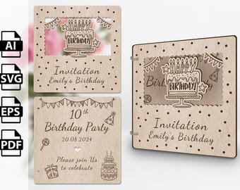 May include: Two wooden laser cut invitations for a 10th birthday party. The invitations feature a cartoon cake with candles and the text "Happy Birthday!" The invitations are decorated with polka dots and bunting.