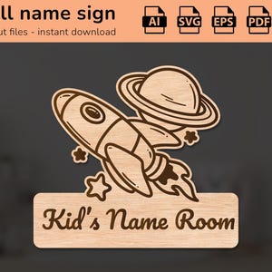 Signo del nombre del espacio de la galaxia cohete | decoración de interiores | diseño cortado con láser | para niños | Ai, EPS, PDF, DXF