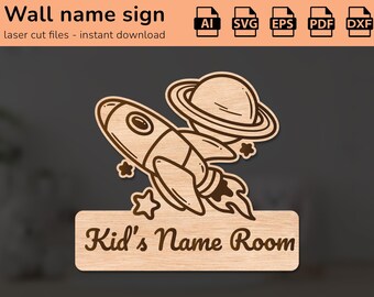 Signo del nombre del espacio de la galaxia cohete | decoración de interiores | diseño cortado con láser | para niños | Ai, EPS, PDF, DXF