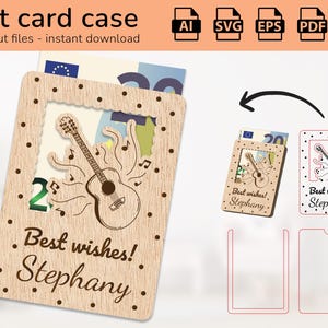 Gepersonaliseerde gitaarhoes met muzieknoten cadeaukaarthouder geld | naambord | lasergesneden ontwerp | AI, eps, pdf, dxf, svg