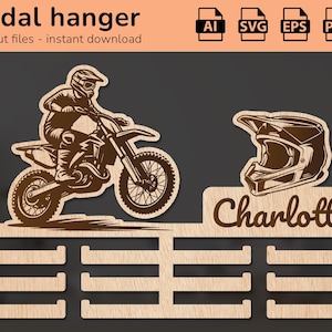 Motocross Dirt Bike Motorrad Sport Medaillenhalter Kleiderbügel Wand Auszeichnung Namensschild | Innendekor | Lasercut Design | für Kinder | Ai, EPS, PDF