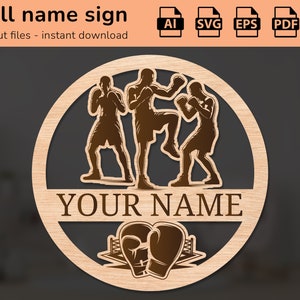 Signo de nombre de pared de guardería con tema deportivo de artes marciales de boxeo | decoración de interiores | diseño cortado con láser | para niños | Ai, EPS, PDF, DXF