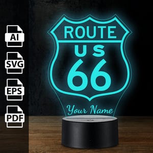 Route 66 US-Zeichen personalisierte 3D-Lampe Acryl-LED-Licht | Laserschnittdateien ai, eps, pdf, svg