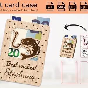 Personalisierte Fisch Angeln Geschenk Kartenhalter Geld | Namensschild | Laser fertig geschnittenes Design | Ai, EPS, PDF, DXF, svg