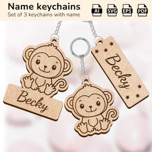 May include: Set of three wooden keychains featuring a cartoon monkey design. Each keychain includes a personalized name tag with the name "Becky" engraved on it.