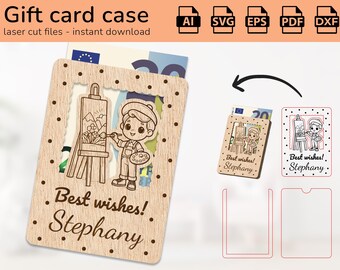 May include: A laser cut wooden gift card holder with a design of a child painting on a canvas. The holder has a slot for a gift card and a space for a personalized message. The message reads "Best wishes! Stephany".