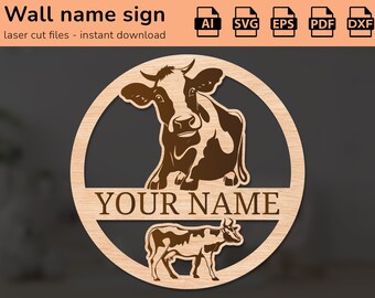 かわいい牛のモノグラム文字の名前の看板。3 層の SVG レーザーカット