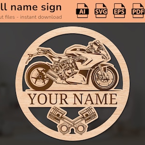 Namensschild für Kinderzimmer, Motiv: Rennmotorrad, Motorradfahrer, Namensschild | Inneneinrichtung | Lasergeschnittenes Design | für Kinder | Ai, EPS, PDF, DXF