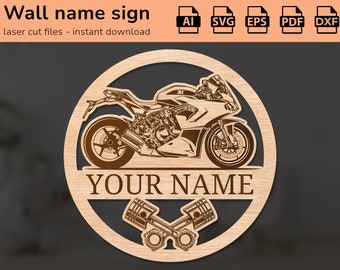 May include: Laser cut file design of a motorcycle with pistons and the text "YOUR NAME" in a circle.  This design is for creating a personalized wall sign.