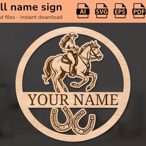 Cartello con nome a ferro di cavallo per cavalli da equitazione | arredamento d'interni | disegno tagliato al laser | per bambini | Ai, EPS, PDF, DXF