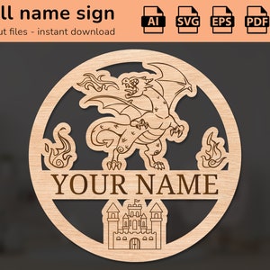 Dragon flames and castle nursery wall name sign | interior decor | laser cut design | for kids | Ai, EPS, PDF, DXF
