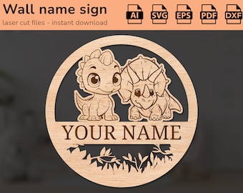 Cute dinosaurs nursery wall name sign | interior decor | laser cut design | for kids | Ai, EPS, PDF, DXF