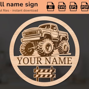 Monster truck name sign vehicle road | interior decor | laser cut design | for kids | Ai, EPS, PDF, DXF