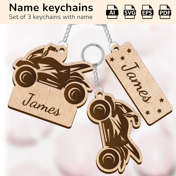 Quad bike offroad keychain key ring charm | personalized name sign | laser cut design glowforge | Ai, EPS, PDF, SVG