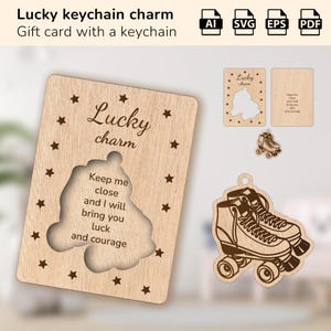 Könnte beinhalten: Eine Geschenkkarte aus Holz mit einem Ausschnitt eines Paares Rollschuhe. Die Karte lautet "Lucky charm Keep me close and I will bring you luck and courage".