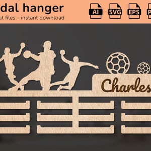 Handball Sport Medaillenhalter Aufhänger Wandauszeichnung Namensschild | Innendekor | Lasercut Design | für Kinder | Ai, EPS, PDF