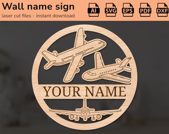 Avions avions volant signe de nom de mur de pépinière | décoration intérieure | conception découpée au laser | pour les enfants | Ai, EPS, PDF, DXF