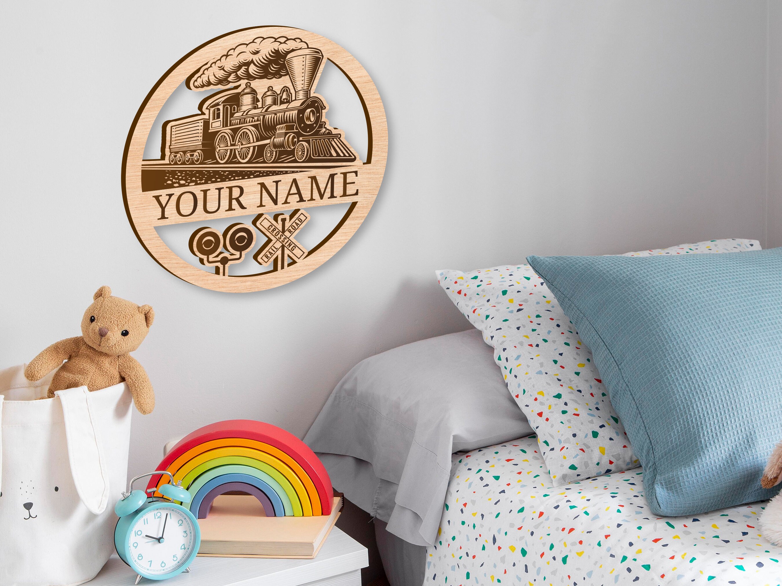 Train Railway Name Sign Interior Decor Laser Cut Design for Kids Ai