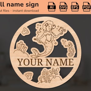 Signe de nom de mur de pépinière de vie marine de sirène | décoration intérieure | conception découpée au laser | pour les enfants | Ai, EPS, PDF, DXF