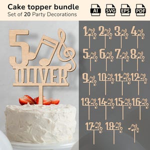 Puede incluir: Un conjunto de adornos para tartas con 20 decoraciones para fiestas. Los adornos son de madera marrón claro. Uno de ellos tiene el número 5, notas musicales y el nombre "OLIVER". Los otros tienen los números del 1 al 19 con notas musicales.
