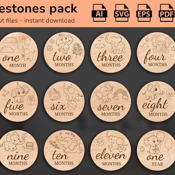 Elephants - 12 Hand Drawn Monthly Baby Milestones SVG | Set from months to one year | Digital Cut File | Glowforge photo markers