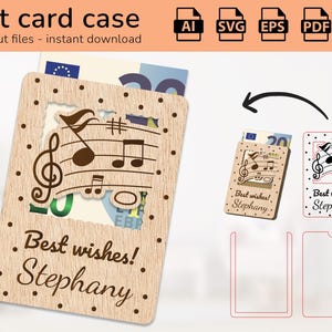 Estuche para notas musicales personalizado para músicos, porta tarjetas de regalo, dinero, letrero con nombre, diseño listo para cortar con láser, Ai, EPS, PDF, DXF, Svg