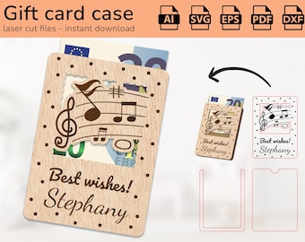 Personalized music notes musician case gift card holder money | name sign | laser ready-cut design | Ai, EPS, PDF, DXF, Svg