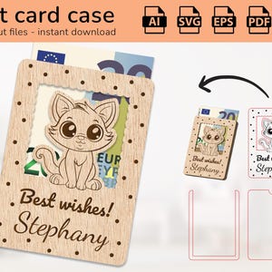Personalized cat kitty case gift card holder money | name sign | laser ready-cut design | Ai, EPS, PDF, DXF, Svg