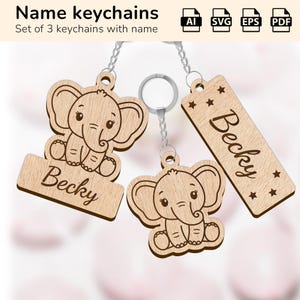 Llavero con forma de elefante, llavero personalizado con nombre, diseño cortado con láser glowforge, Ai, EPS, PDF, SVG