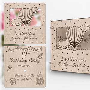 Archivo de invitación cortado con láser con forma de globo aerostático para cumpleaños, compromiso, baby shower, despedida de soltera, graduación, aniversario