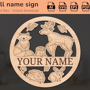 Signe mignon de nom d’animaux de forêt | décoration intérieure | conception découpée au laser | pour les enfants | Ai, EPS, PDF, DXF