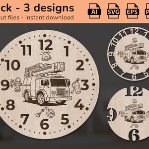 Orologio da parete con camion dei pompieri / decorazione d'interni / design tagliato al laser / download / Ai, EPS, PDF, DXF