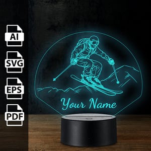 Skifahren Winter Schnee Sport personalisierte 3D-Lampe Acryl-LED-Licht | Laserschnittdateien ai, eps, pdf, svg