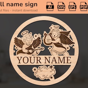 Signo de nombre de pared de guardería de ángeles | decoración de interiores | diseño cortado con láser | para niños | Ai, EPS, PDF, DXF