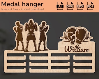 Boxing martial arts sport medal holder hanger wall award name sign | interior decor | laser cut design | for kids | Ai, EPS, PDF