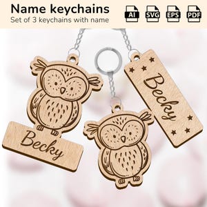 Portachiavi con simpatico gufo / targhetta con nome personalizzato / design tagliato al laser glowforge / Ai, EPS, PDF, SVG