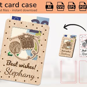 May include: A wooden gift card holder with a cut-out design of knitting needles and yarn. The holder has a slot for a gift card and the text "Best wishes! Stephany" is engraved on the front.