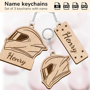 May include: Set of three wooden keychains featuring a motorcycle helmet design with the name "Henry" engraved on each. The keychains are available in AI, SVG, EPS, and PDF formats.