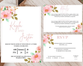 Wedding Invitation Template Suite, Wedding Invitation Template, Blush Pink Wedding Template, Wedding Invitation, Floral Template Invitation