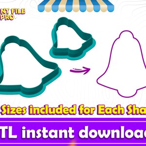 May include: Two printable 3D STL files for a bell-shaped cookie cutter. The image shows a teal blue bell cookie cutter and a purple outline of the same shape. The text "10 Sizes included for Each Shape" and "STL instant download" is also included in the image.