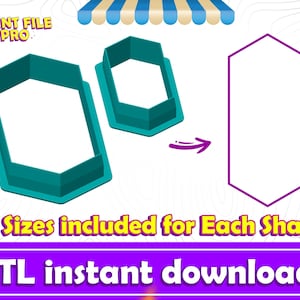 May include: Teal-colored geometric shape cookie cutters with a purple outline of the final shape. The image includes the text "10 Sizes included for Each Shape" and "STL instant download".