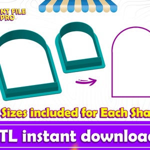 Puede incluir: Dos archivos STL 3D imprimibles para una forma de arco redondeado y una forma de arco cuadrado. El texto "10 tamaños incluidos para cada forma" y "Descarga instantánea STL" se muestra debajo de las formas.