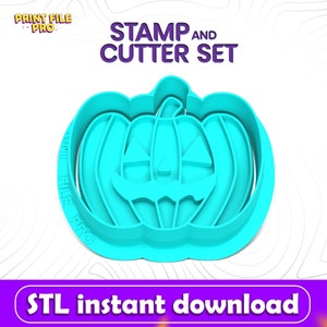 May include: A turquoise blue 3D printed pumpkin cookie cutter and stamp set. The pumpkin has a carved jack-o-lantern face.  The text "STAMP AND CUTTER SET" is in purple text above the pumpkin. The text "STL instant download" is in white text on a purple background below the pumpkin.