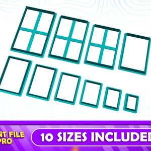 May include: Ten different sizes of printable window frame outlines in turquoise blue. The frames are arranged in a staggered pattern, with the largest frame at the top and the smallest frame at the bottom.