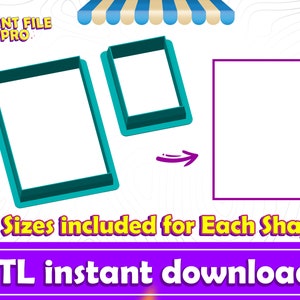 May include: Two different shaped cookie cutters, one rectangular and one square, with 10 sizes included for each shape. The cookie cutters are teal blue with a white background. The text "PRINT FILE PRO" is in the top left corner of the image. The text "10 Sizes included for Each Shape" is in yellow text below the cookie cutters. The text "STL instant download" is in white text on a purple background at the bottom of the image.